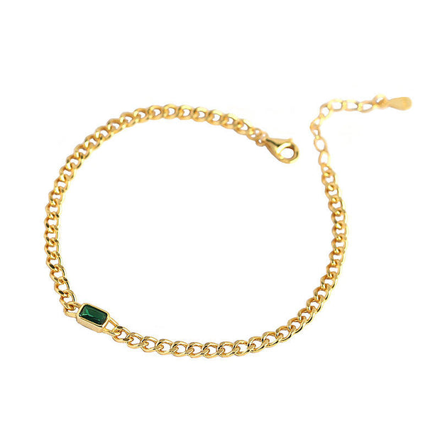 925 Sterling Silver Cable Chain Bracelet for Women – Gold-Plated with Emerald Charm