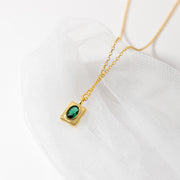 Emerald Glow: 925 Silver Rectangular Green Oval Zircon Pendant Necklace