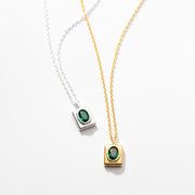 Emerald Glow: 925 Silver Rectangular Green Oval Zircon Pendant Necklace