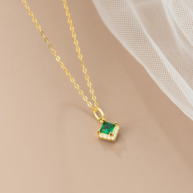 Geometric Glam: 925 Silver Rhombic Green and White Zircon Necklace