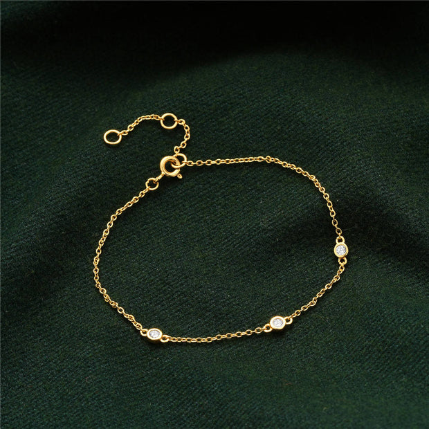 Sterling Silver Minimalist Charm Bracelet – Gold-Plated with Three Zircon Diamonds