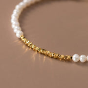 Delicate 925 Sterling Silver Bracelet with Small White Pearls and Gold Beads