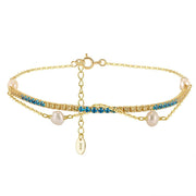 925 Silver Double Layer Gold Chain Bracelet with Pearl Beads Pendant