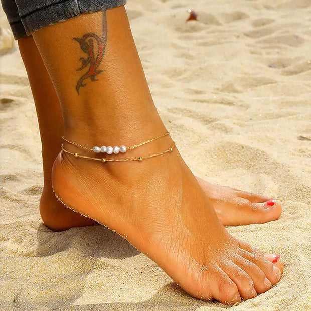 Sterling Silver Double-Layered Anklet with Gold Chain and Small Pearls