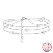 925 Sterling Silver Triple-Layered Beach Anklet with Small White Pearls