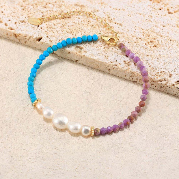 925 Sterling Silver Bracelet with Natural Freshwater Pearl, Turquoise, and Purple Stone