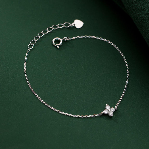 925 Sterling Silver Minimalist Clover Bracelet, Gold-Plated with Zircon Flower Petals