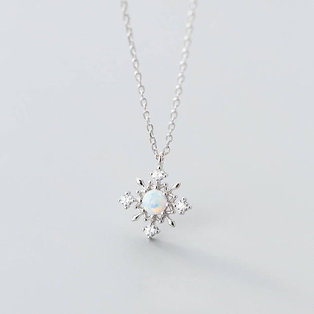 Frosted Elegance: 925 Sterling Silver Snowflake Opal Pendant Necklace