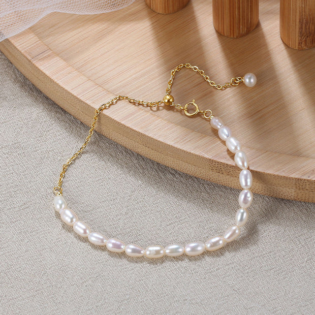 925 Sterling Silver Natural Freshwater Pearl Gold-Plated Chain Bracelet