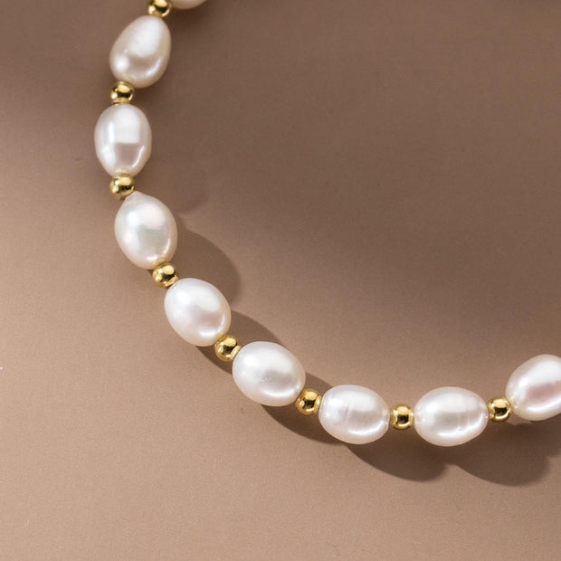 Sterling Silver Minimalist Natural Pearl & Golden Bead Bracelet