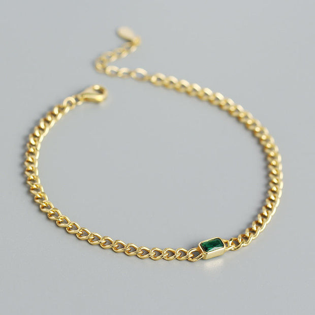 925 Sterling Silver Cable Chain Bracelet for Women – Gold-Plated with Emerald Charm