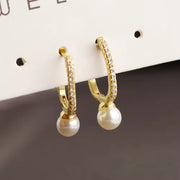 Elegant 925 Sterling U-Shaped Hoop Earrings with Zircon & Pearl