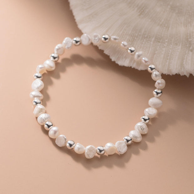 925 Sterling Silver Baroque Pearl Bracelet - Irregular Pearl Beads with Silver Accents