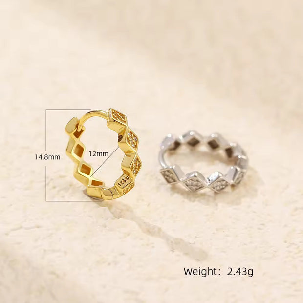 Sterling Silver Geometry Rhombus Diamond Cubic Zircon Gold Plated Hoop Earring