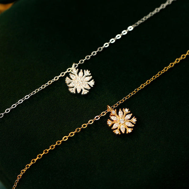 Fine Necklace S925 Sterling Silver Christmas Snowflakes Zircon Dangle Gold Plated Necklace