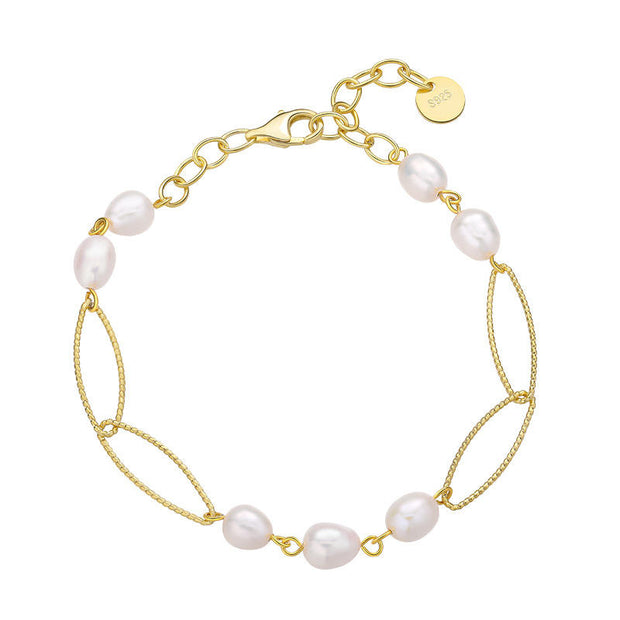 925 Sterling Silver Baroque Pearl Bracelet for Women – Elegant Gold-Plated Chain Jewelry