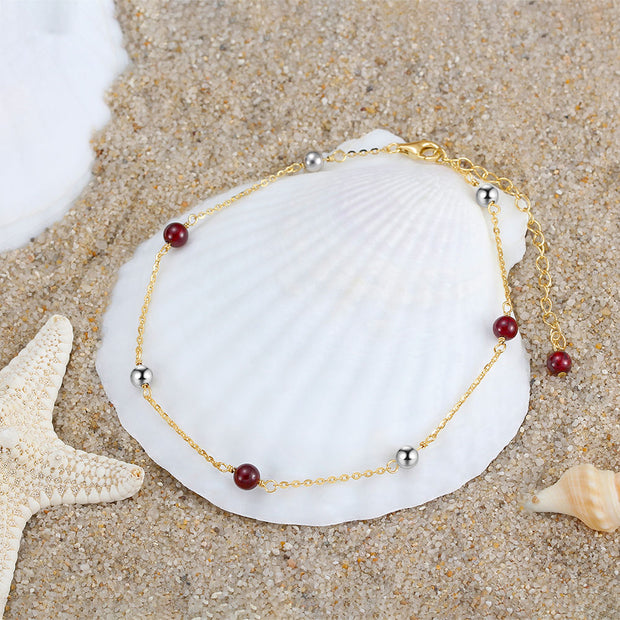 Sterling Silver Gold Chain Bracelet with Natural Red and Silver Stone Beads