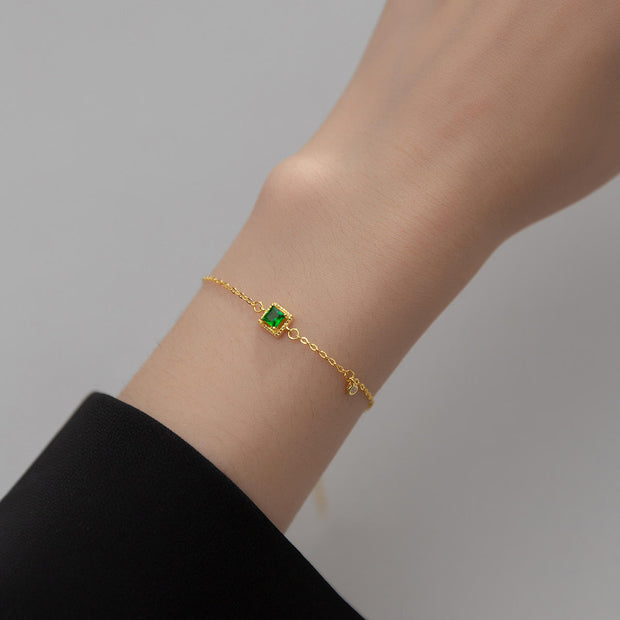 925 Sterling Silver Square Emerald Zircon Bracelet – Gold Plated Minimalist Bracelet