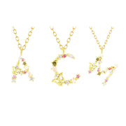 925 Sterling Silver Butterfly Necklace with Colorful Diamonds and Gold Plated Letter Charm