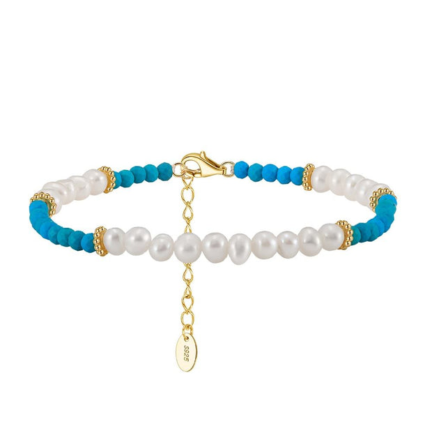 925 Sterling Silver Bracelet with Natural Freshwater Pearl and Turquoise Stone