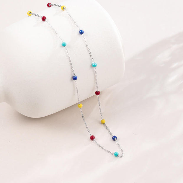 925 Sterling Silver Rainbow Color Chain Necklace with Oil Drop Enamel Bead Charms