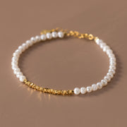 Delicate 925 Sterling Silver Bracelet with Small White Pearls and Gold Beads