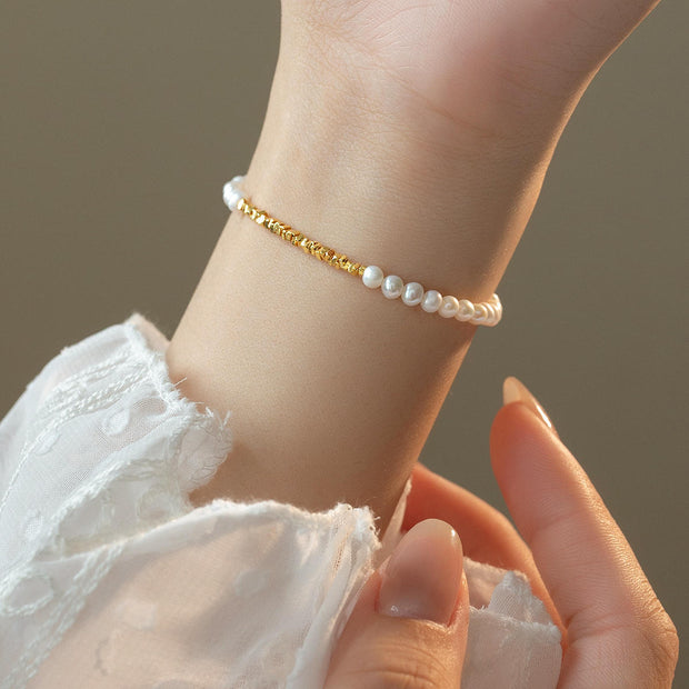 Delicate 925 Sterling Silver Bracelet with Small White Pearls and Gold Beads