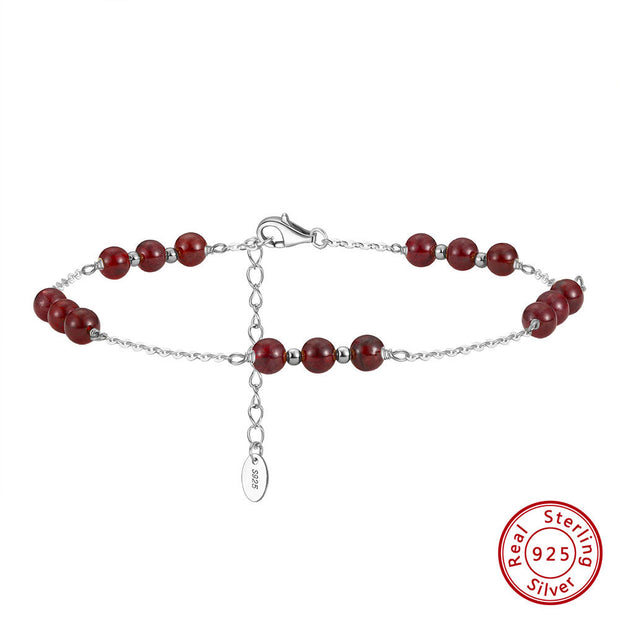 Elegant Red Garnet Beaded Sterling Silver Anklet