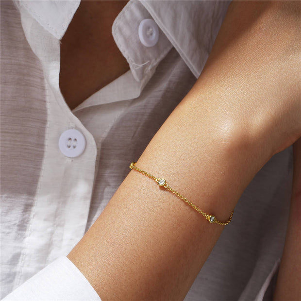 Sterling Silver Minimalist Charm Bracelet – Gold-Plated with Three Zircon Diamonds