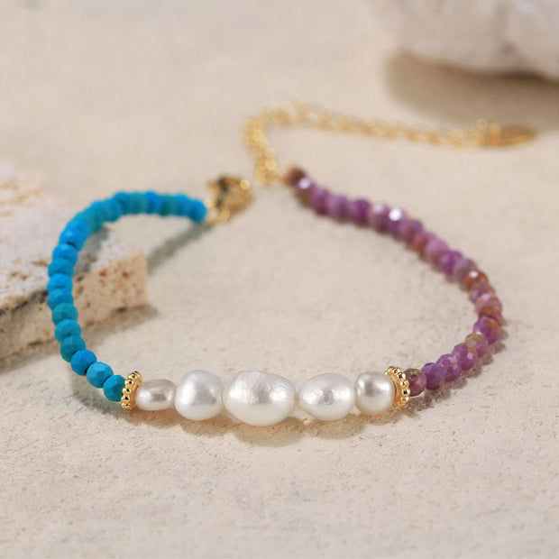 925 Sterling Silver Bracelet with Natural Freshwater Pearl, Turquoise, and Purple Stone