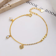 925 Sterling Silver Love Heart Charm Bracelet, Round Diamond Zircon Gold-Plated Bracelet