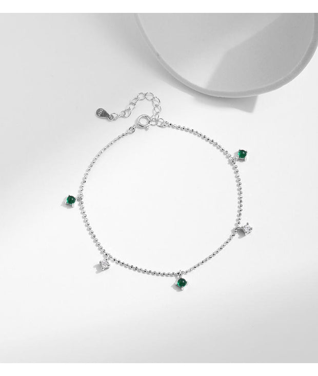 925 Sterling Silver Round White & Green Emerald Zircon Drop Diamond Gold Plated Bracelet