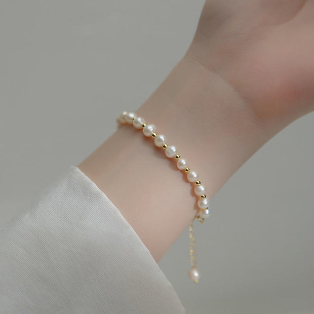 Fine Jewelry 925 Sterling Silver Friendship Bracelet with Natural Baroque Pearls and Small Beads