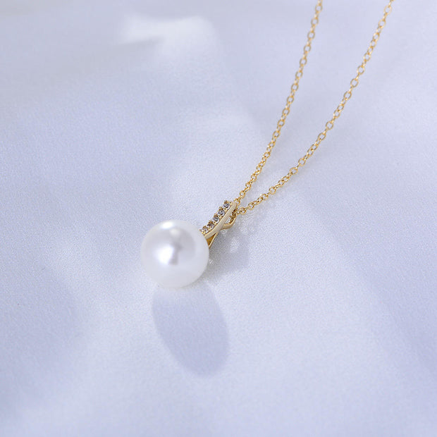 Timeless Elegance: 925 Silver Pearl Necklace with Zircon Bar and Round Pearl Pendant