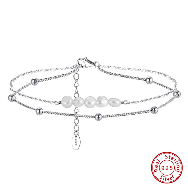 Sterling Silver Double-Layered Anklet with Gold Chain and Small Pearls