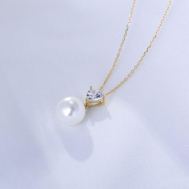 Heartfelt Elegance: 925 Silver Pearl Necklace with Single Round Pearl and Heart-Shaped Zircon