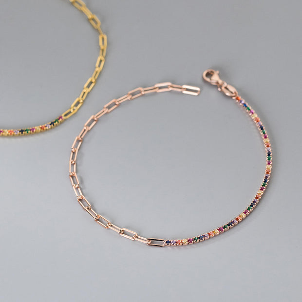 925 Sterling Silver Paper Clip Chain Bracelet with Colorful Diamond Zircon