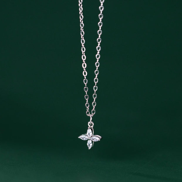 Clover Charm: 925 Silver Four-Petal Flower Necklace with Zircon Pendant