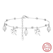 925 Sterling Silver Gold-Plated Anklet with Dangling Clovers and Pearls