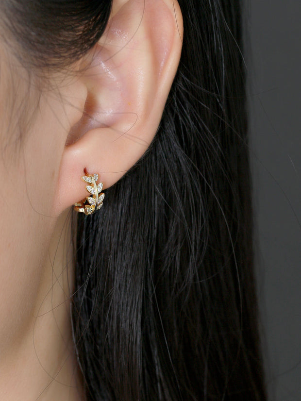 Sterling Silver Olive Leaf Hoop Earrings – Elegant Gold-Plated Design