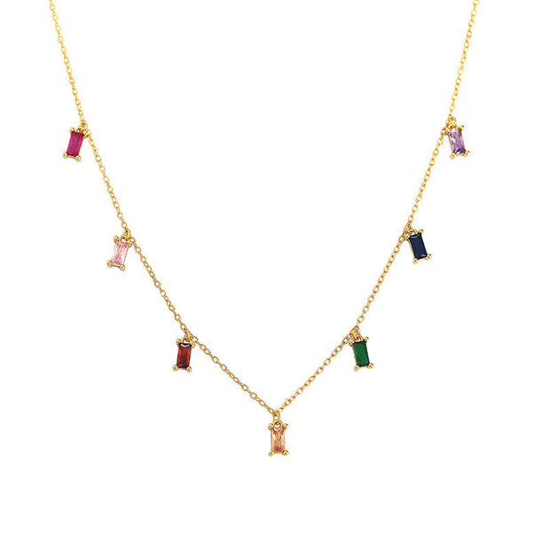 925 Sterling Silver Colorful Rectangle CZ Dangle Necklace