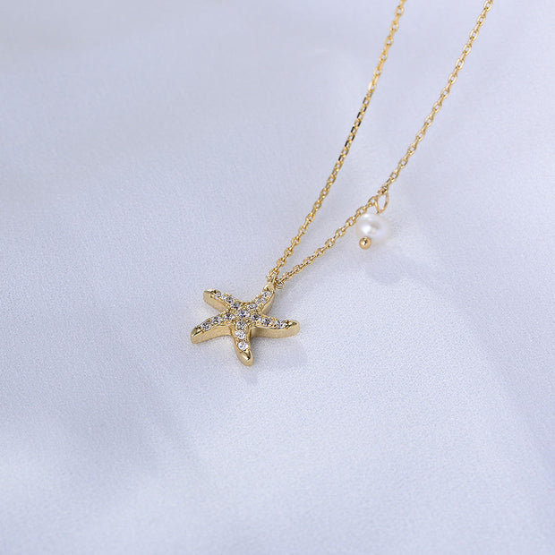 Starfish Charm: 925 Silver Pearl and Diamond Necklace with Five Star Zircon Accents