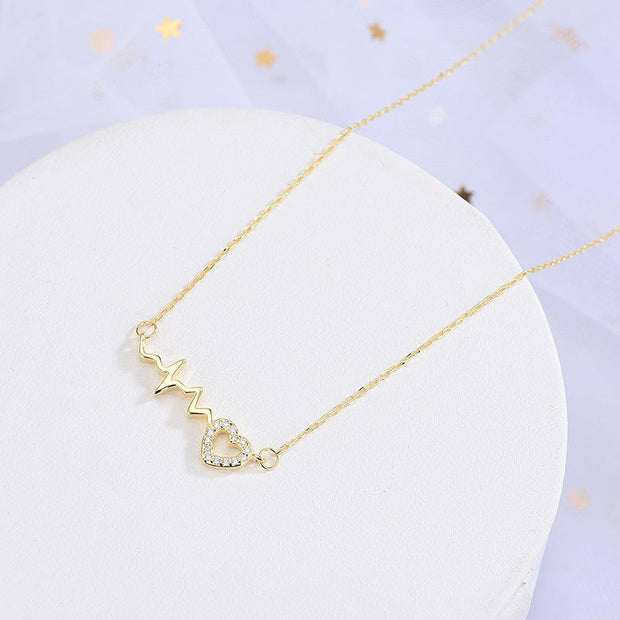 25 Sterling Silver Hollowed Love Heart Zircon Wave Heartbeat Pendant Gold Plated Necklaces