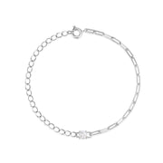 925 Sterling Silver Paper Clip Chain Bracelet with Single Diamond Zircon