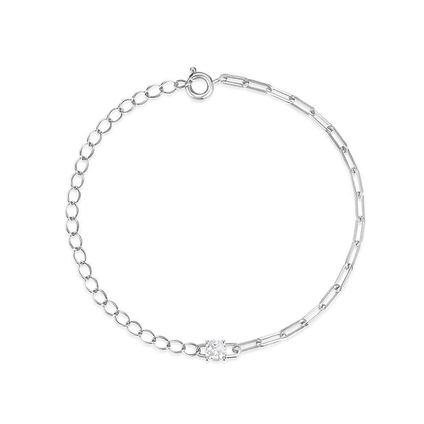 925 Sterling Silver Paper Clip Chain Bracelet with Single Diamond Zircon