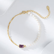 Minimalist 925 Sterling Silver Gold Chain Bracelet with Rectangle Gemstone and White Pearls