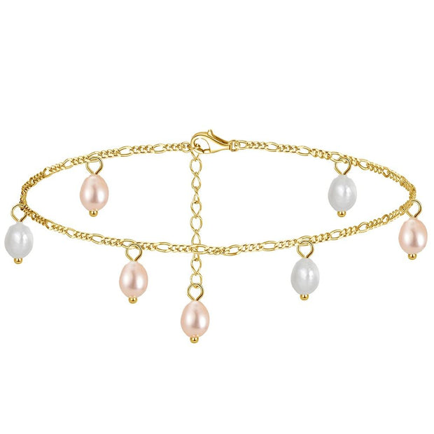 Sterling Silver Anklet with Pastel Pink and White Pearls on Figaro Chain