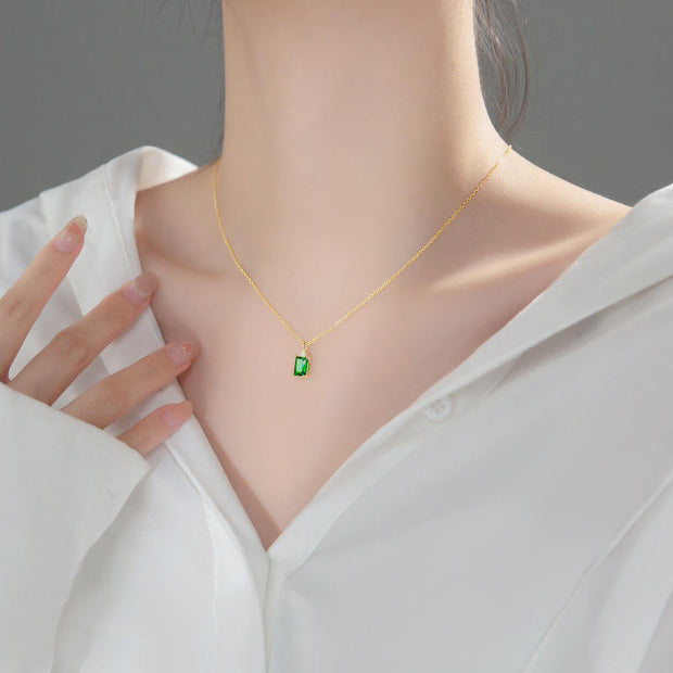 Emerald Square: 925 Silver Rectangular Green Cubic Zircon Necklace