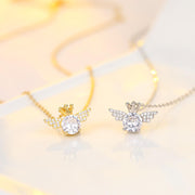 925 Sterling Silver Angel Wings Crown Zircon Gold Plated Necklace for Women