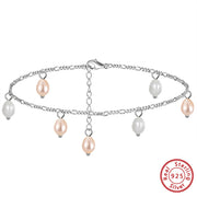 Sterling Silver Anklet with Pastel Pink and White Pearls on Figaro Chain